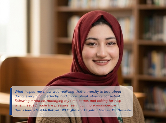 Areeba Shabbir, an English and Linguistics student, reflecting on her university journey.
